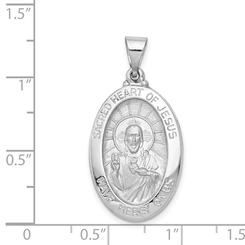 14K White Gold Polished and Satin Hollow Sacred Heart Jesus Oval Pendant XR1240