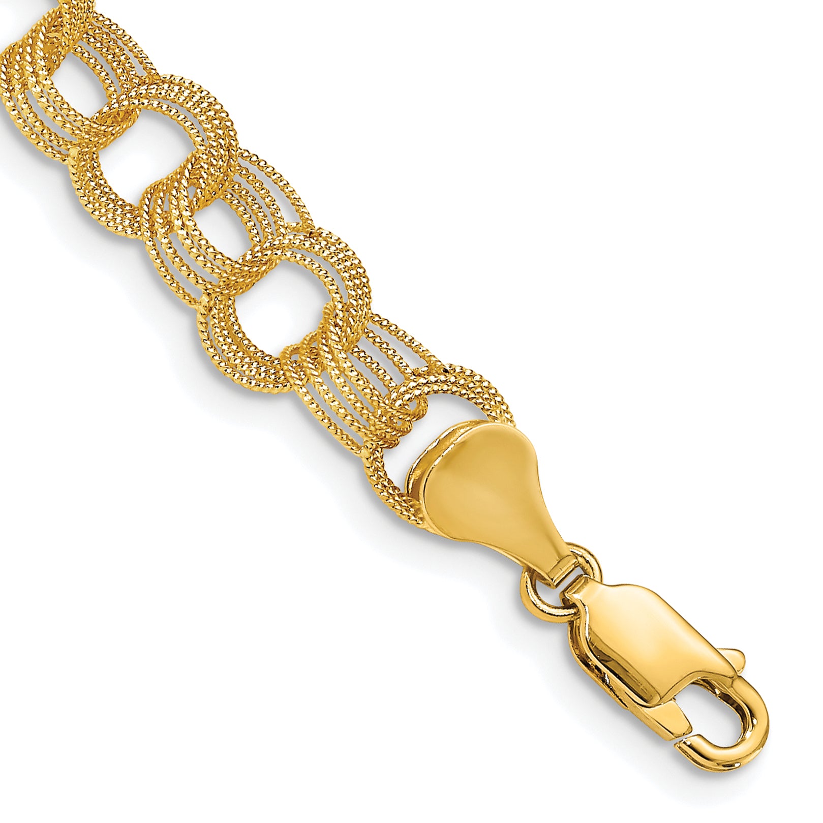 14k 7mm Solid Textured Triple Link 7 inch Charm Bracelet DO537