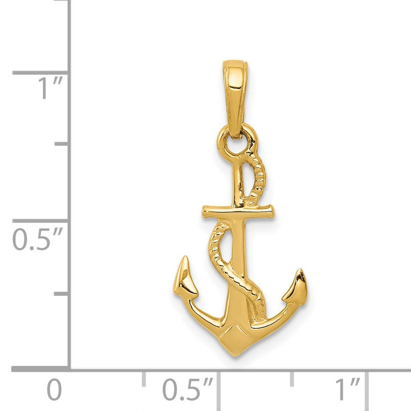 14K Solid Polished 3-D Anchor with Rope Pendant D1360