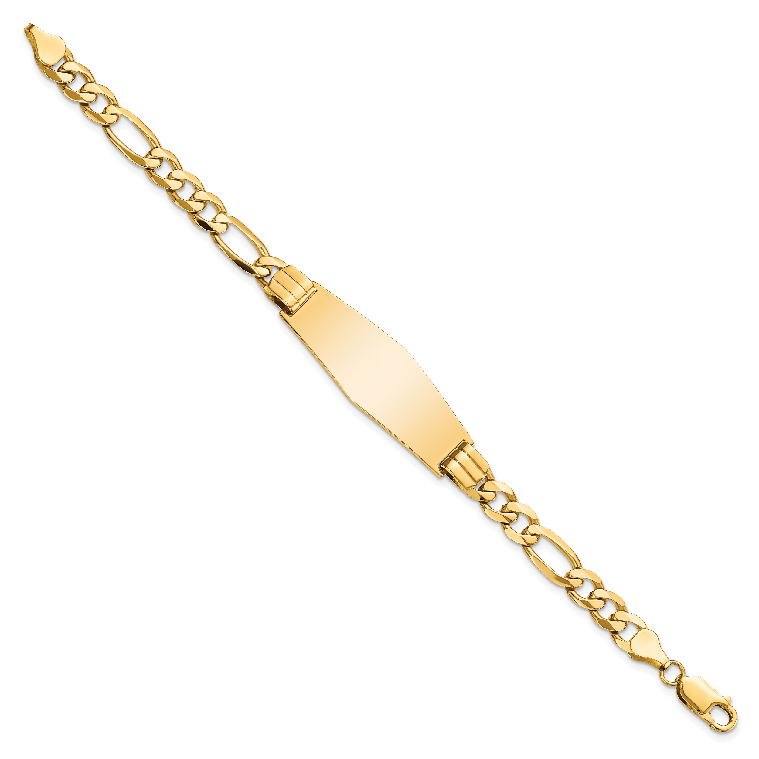 14k Polished Solid Chain/Solid Plate Flat Figaro Link Soft Diamond Shape 37x13.5mm Plate 7 inch ID Bracelet LID81C