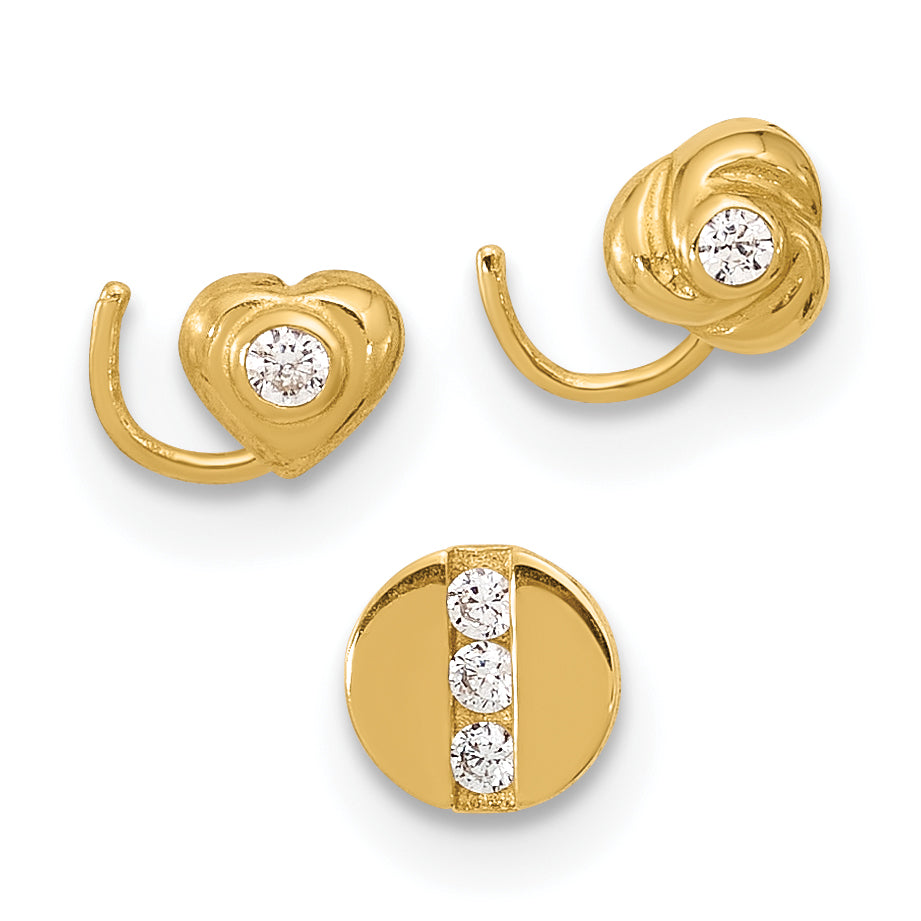 14K 22 Gauge CZ Heart / Flower / Circle 3-piece Nose Post Set BD151SET
