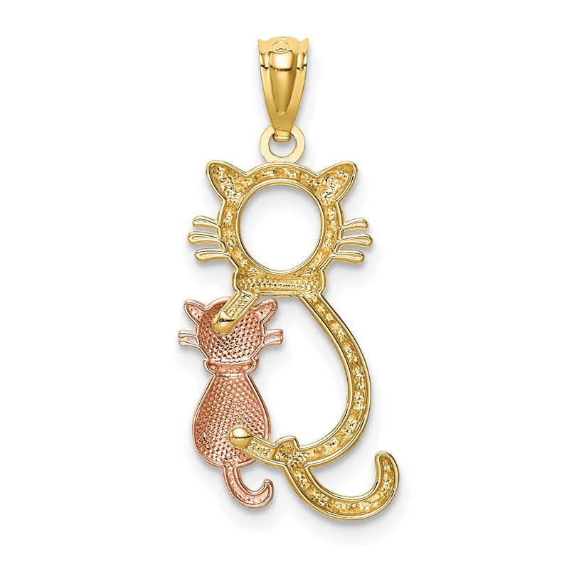 14k Two-tone Polished Diamond-cut Big and Little Sitting Cats Pendant K6122