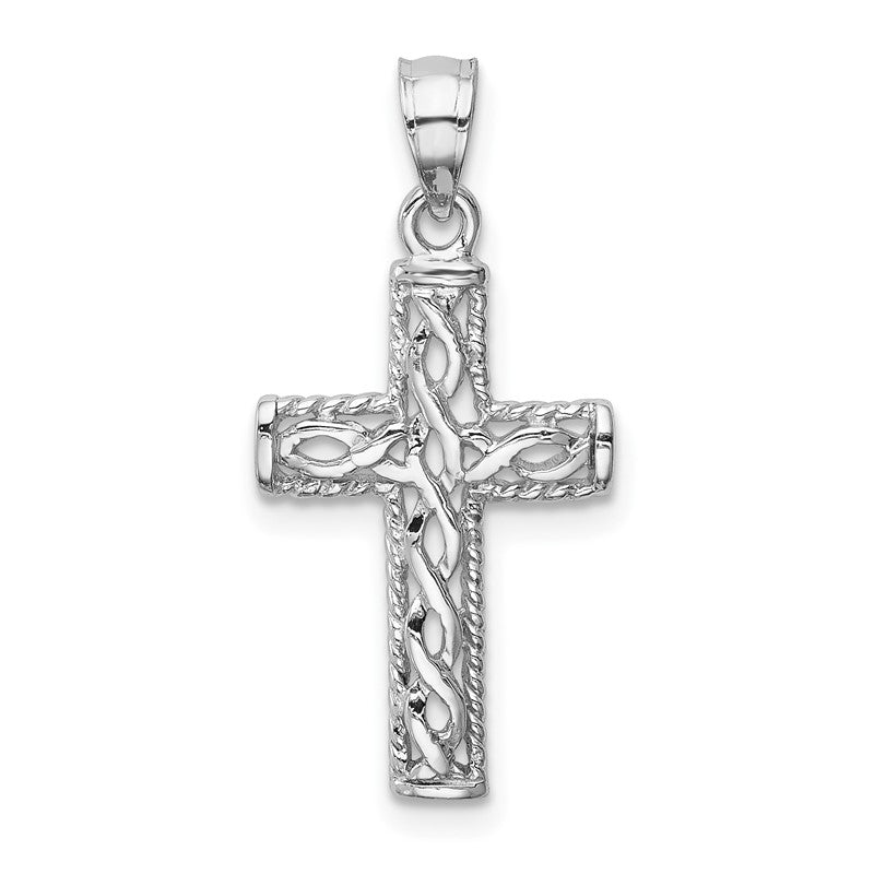14K White Gold Polished Braided Cross Pendant D4641