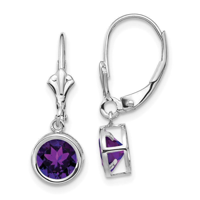 14k White Gold 6mm Round Amethyst Bezel Leverback Dangle Earrings XLB101WAM