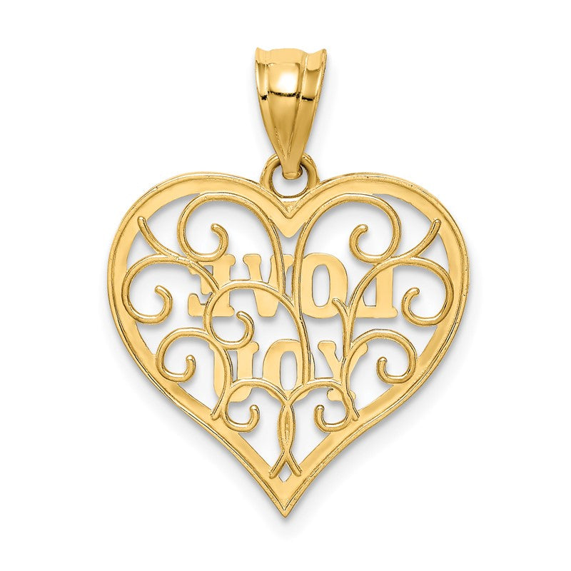 14k and White Rhodium Filigree LOVE YOU Heart Pendant K4709