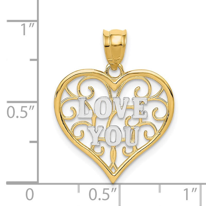 14k and White Rhodium Filigree LOVE YOU Heart Pendant K4709