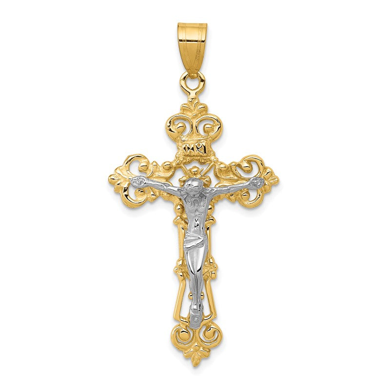 14k Two-tone INRI Fleur De Lis Crucifix Pendant C242