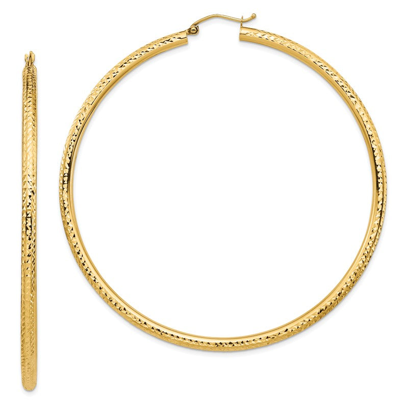 14k 3x70mm Lightweight Diamond-cut Round Tube Hoop Earrings TC1013