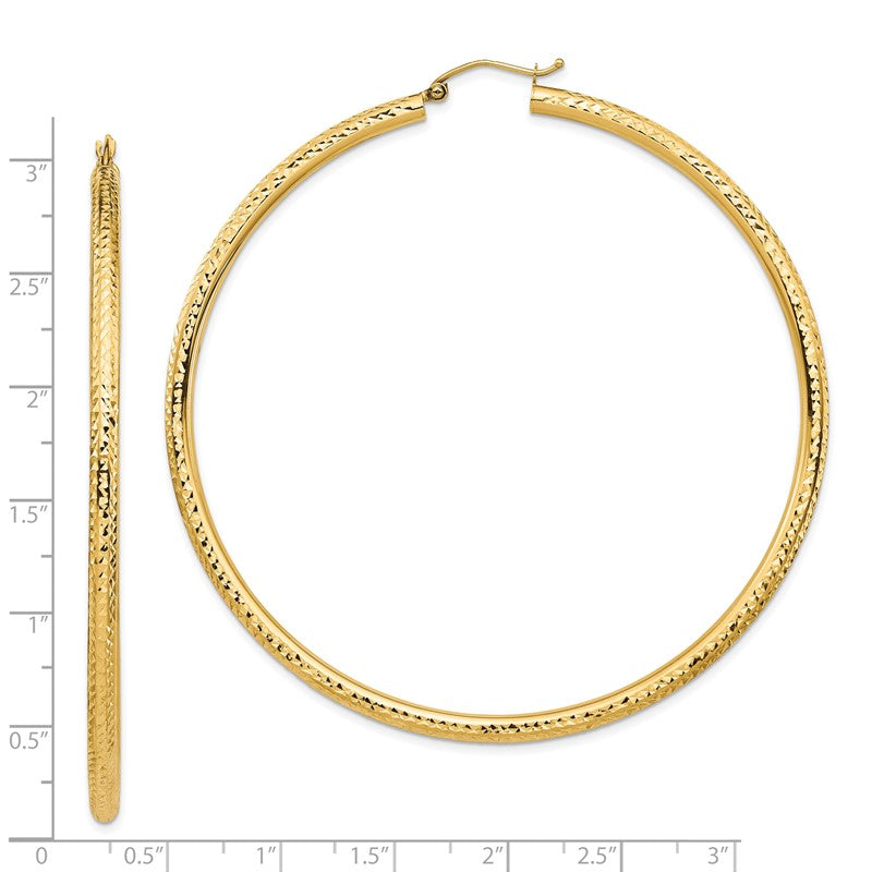 14k 3x70mm Lightweight Diamond-cut Round Tube Hoop Earrings TC1013