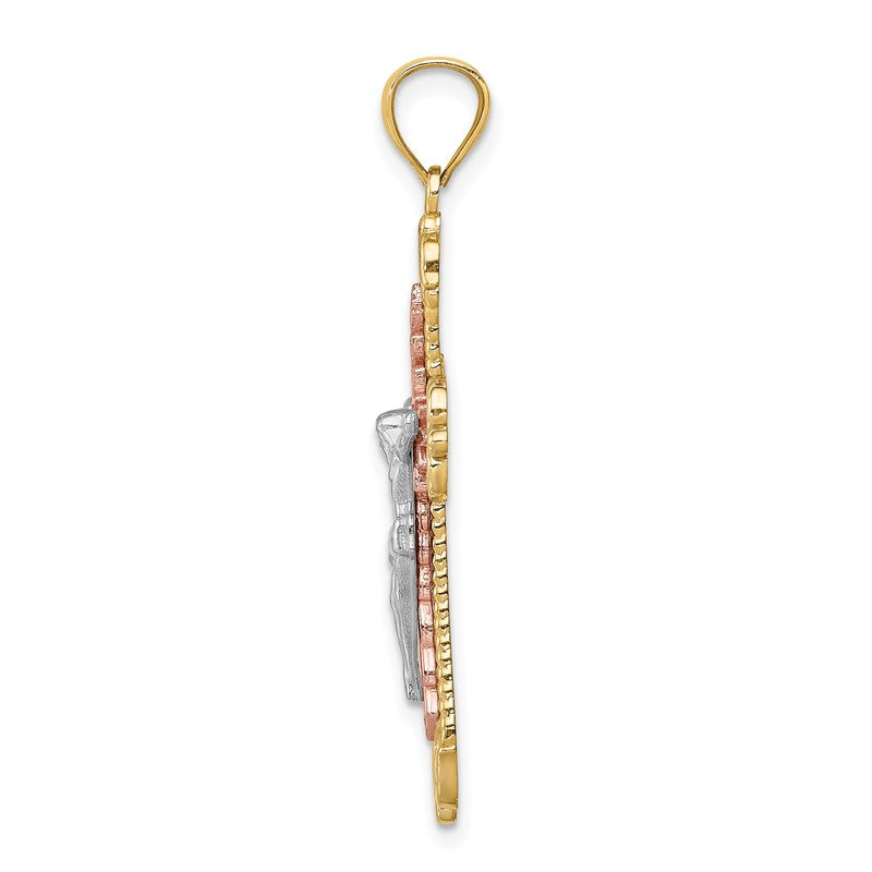 14K Tri-Color and White Rhodium Diamond-cut Crucifix Pendant C4706