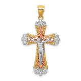 14K Tri-Color and White Rhodium Diamond-cut Crucifix Pendant C4706
