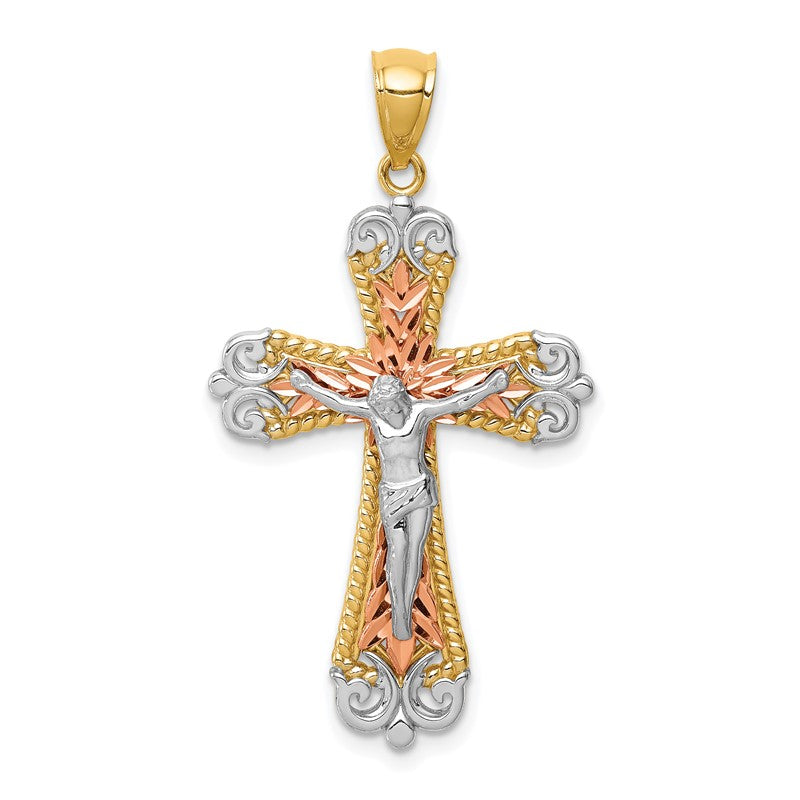 14K Tri-Color and White Rhodium Diamond-cut Crucifix Pendant C4706