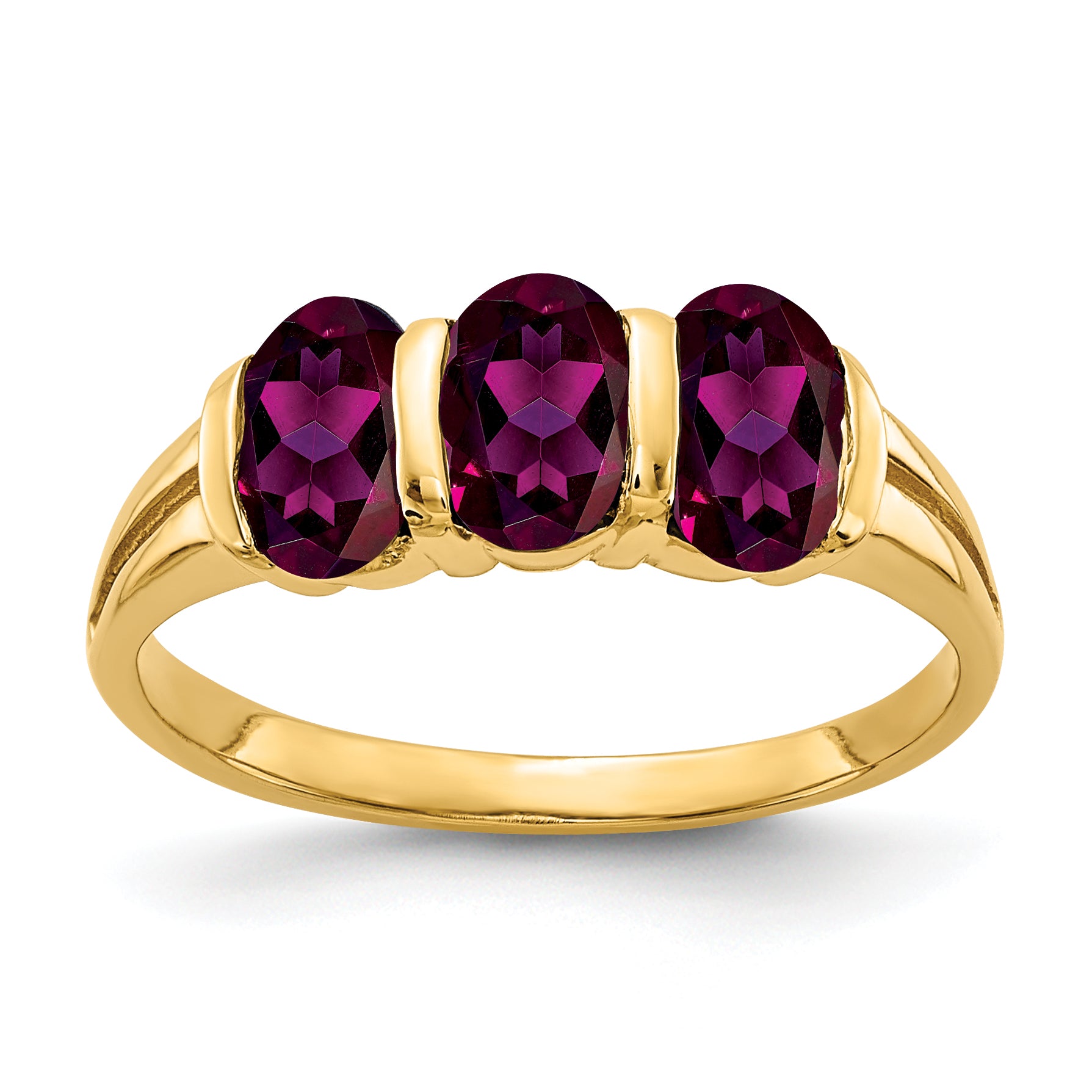 14k 6x4mm Oval Rhodolite Garnet 3-Stone Ring Y2034RG