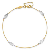 14K Two-Tone Diamond-cut Leaf 4-Station 9 inch Plus 1 inch Extender - Total 10 inch Anklet ANK281