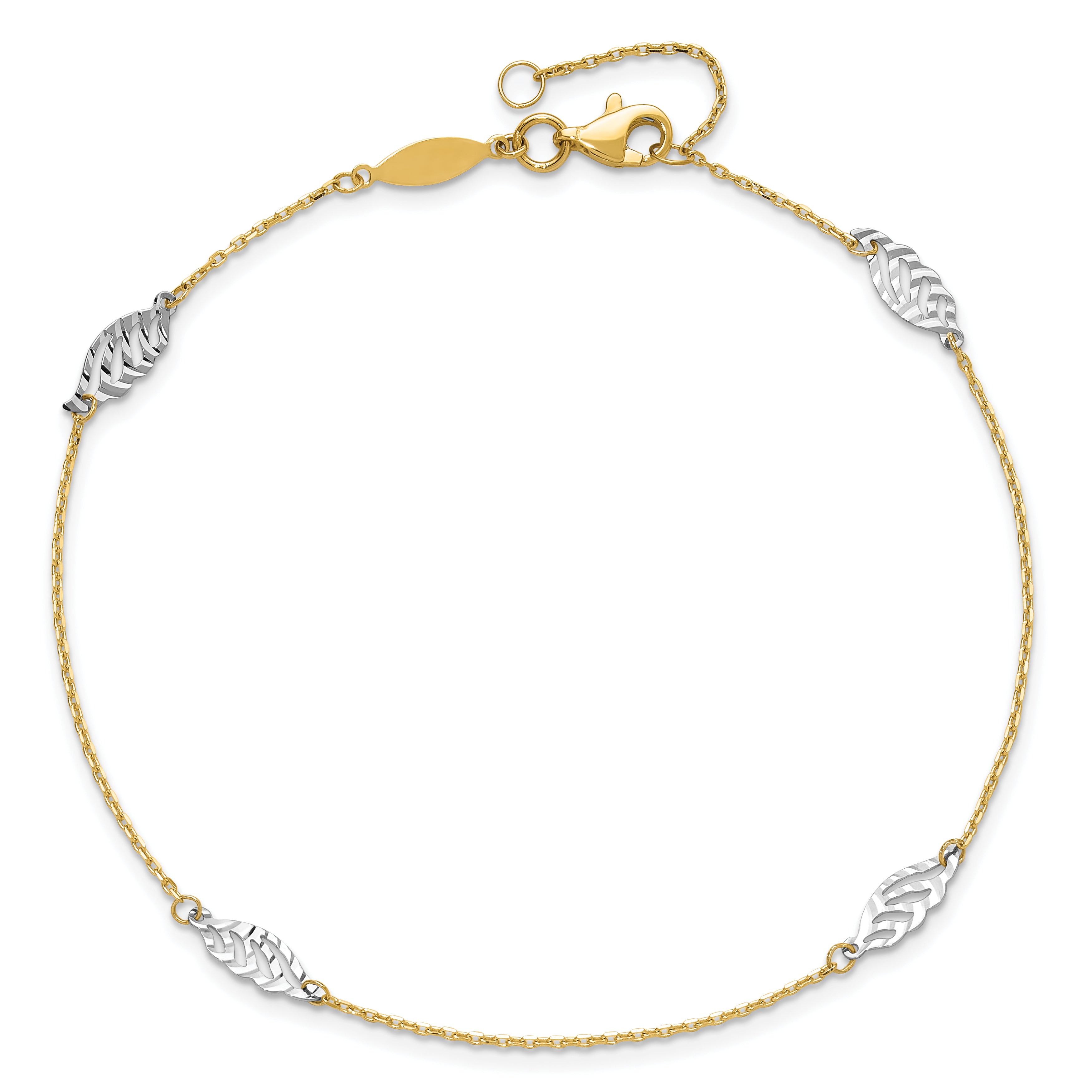14K Two-Tone Diamond-cut Leaf 4-Station 9 inch Plus 1 inch Extender - Total 10 inch Anklet ANK281