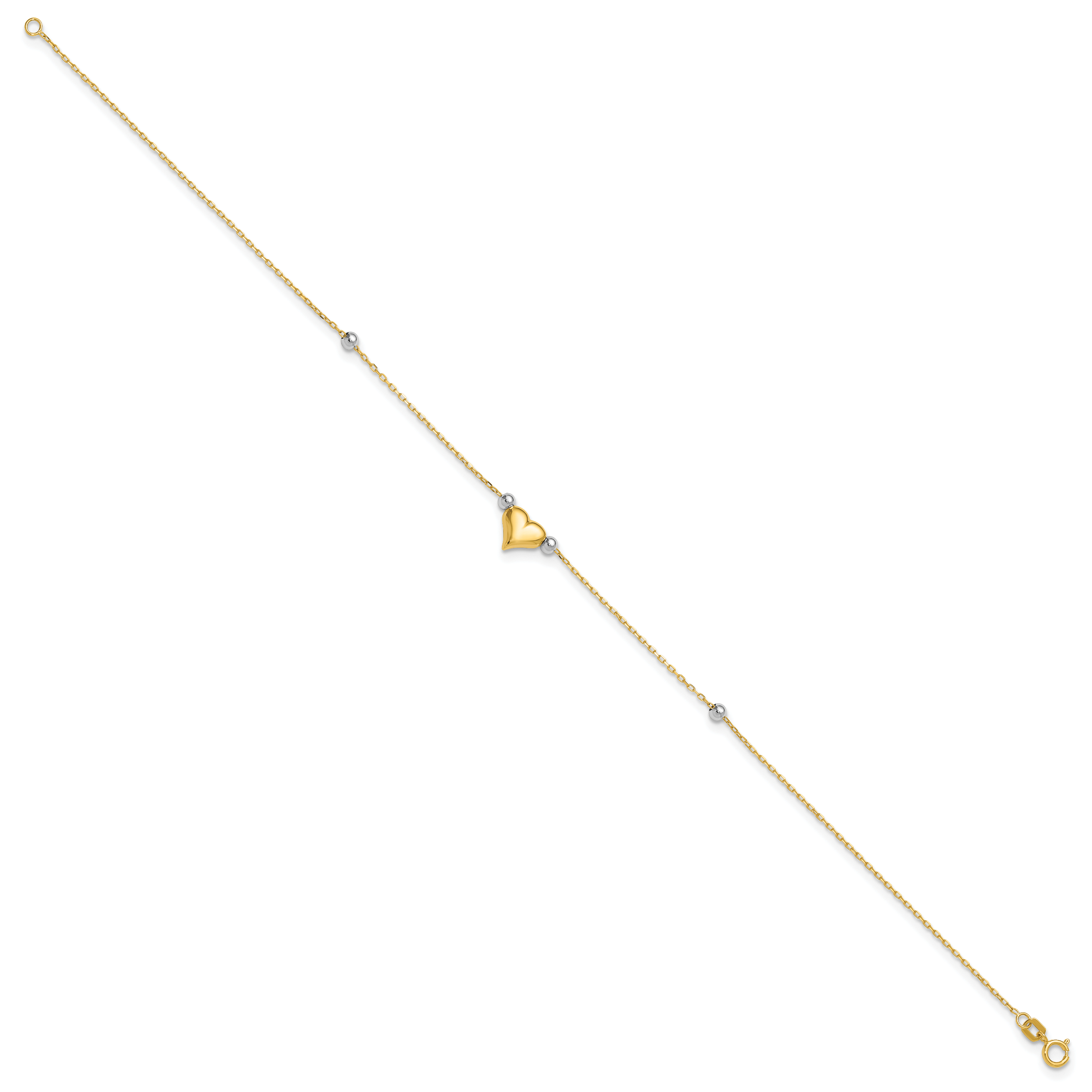 14k Two-tone Polished Puffed Heart with Beads 10 inch Anklet ANK48