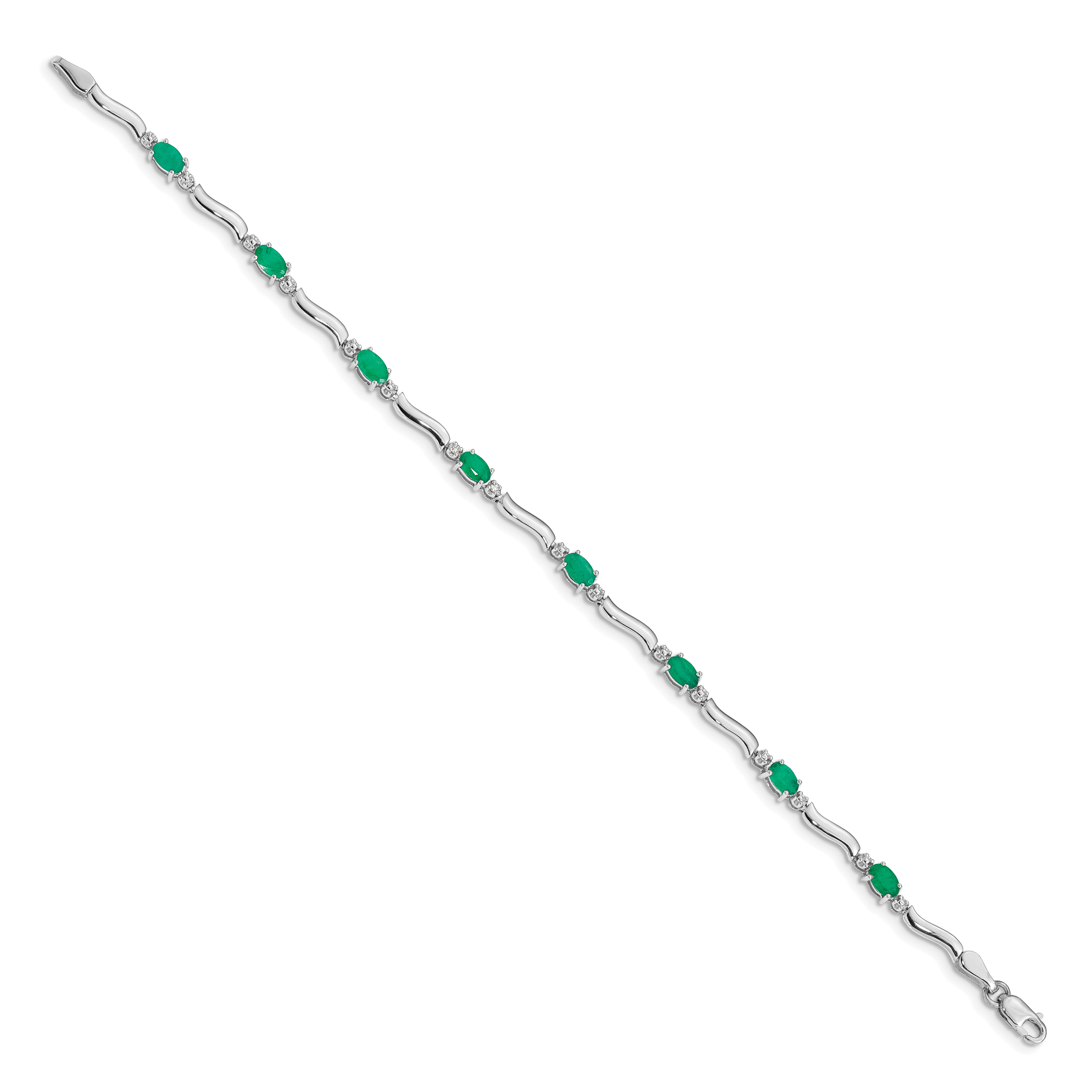 14k White Gold Complete Diamond and Oval Emerald Wavy Link 7 inch Bracelet BM4474