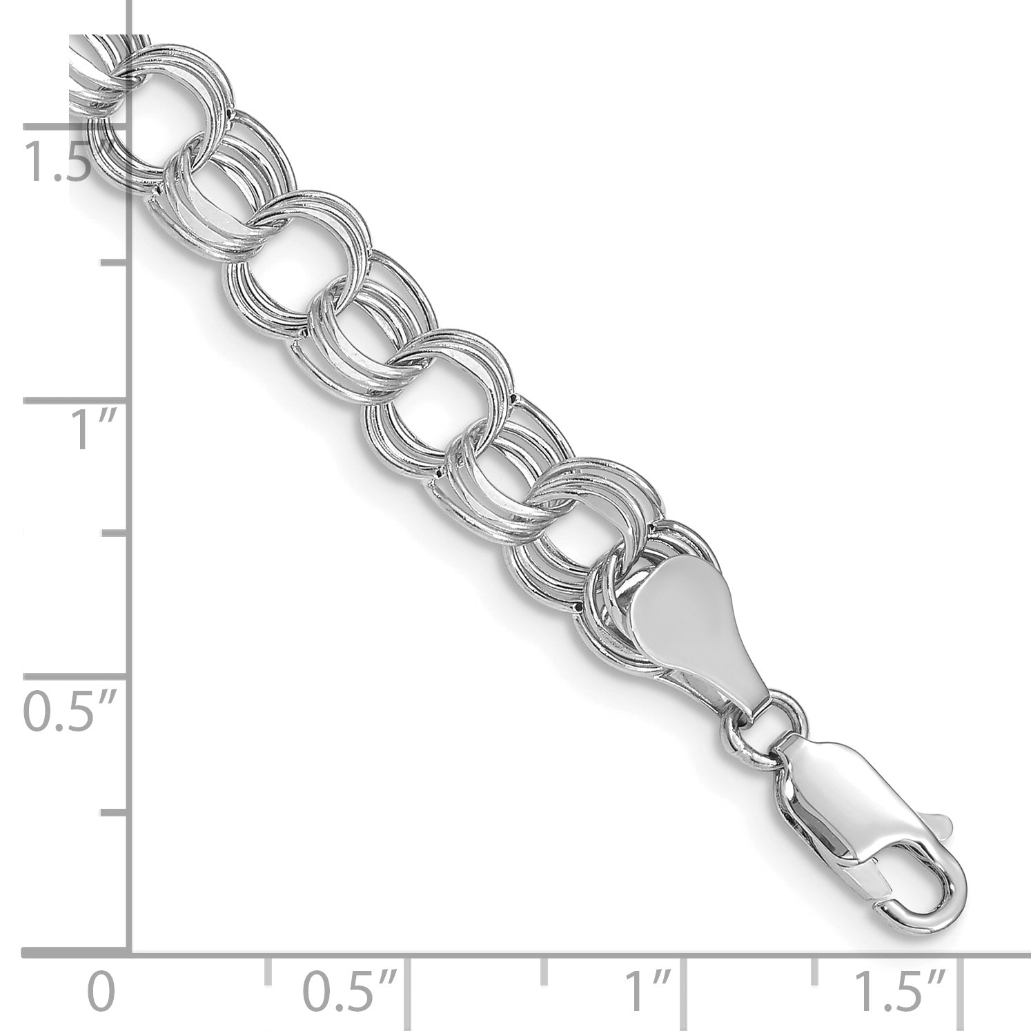 14k White Gold 7.5mm Hollow Triple Link 7.25 inch Charm Bracelet WST1