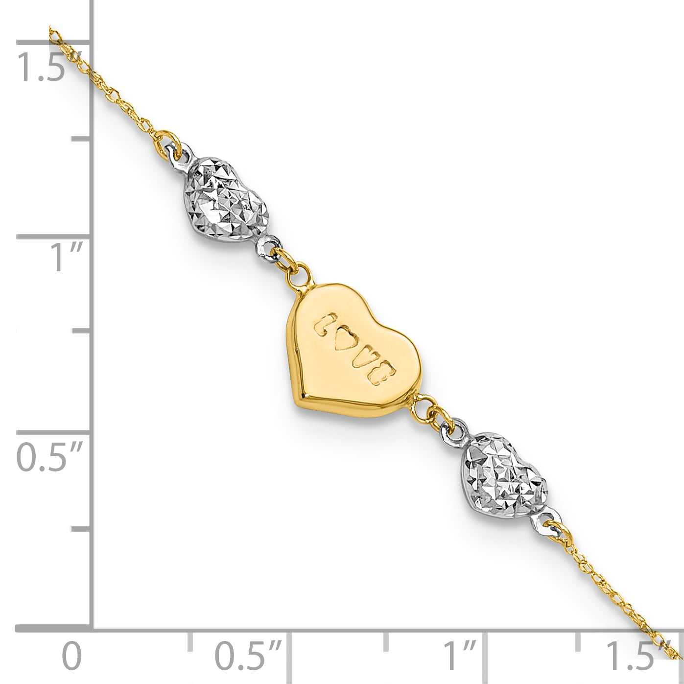 14K Two-tone Puffed LOVE Heart and Diamond-cut Beads 7 inch Bracelet Plus 1 inch Heart Dangle Extender ANK276
