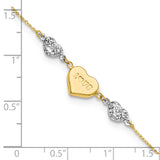 14K Two-tone Puffed LOVE Heart and Diamond-cut Beads 7 inch Bracelet Plus 1 inch Heart Dangle Extender ANK276