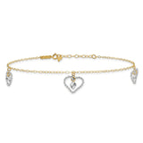 14K Two-tone Twisted Diamond-cut 3 Heart Dangles 9 inch Plus 1 inch Extender - Total 10 inch Anklet ANK258