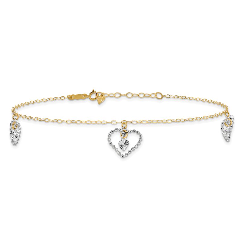 14K Two-tone Twisted Diamond-cut 3 Heart Dangles 9 inch Plus 1 inch Extender - Total 10 inch Anklet ANK258