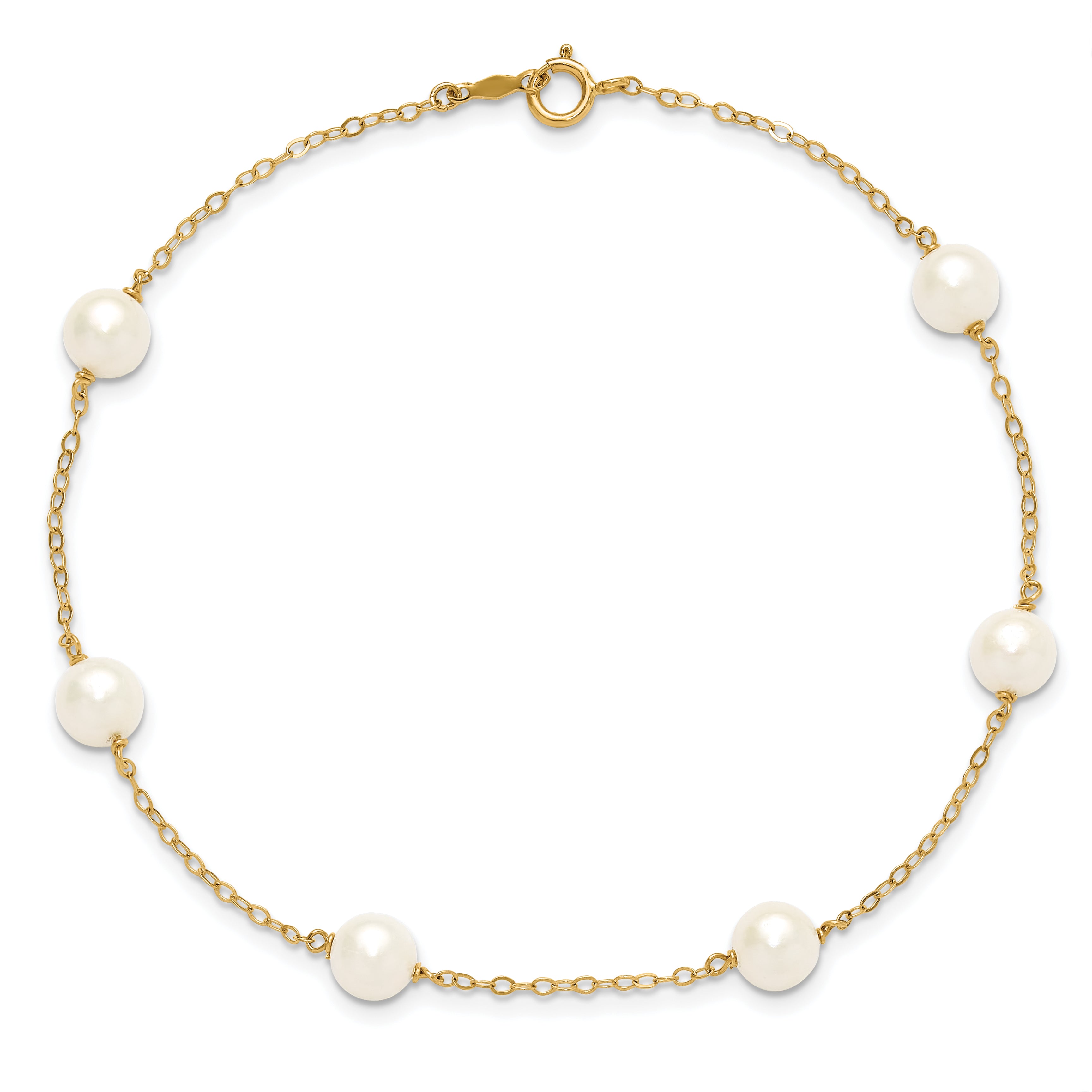 14k 6-7mm White Near-Round Freshwater Cultured Pearl 6-Station 9 inch Anklet XF559