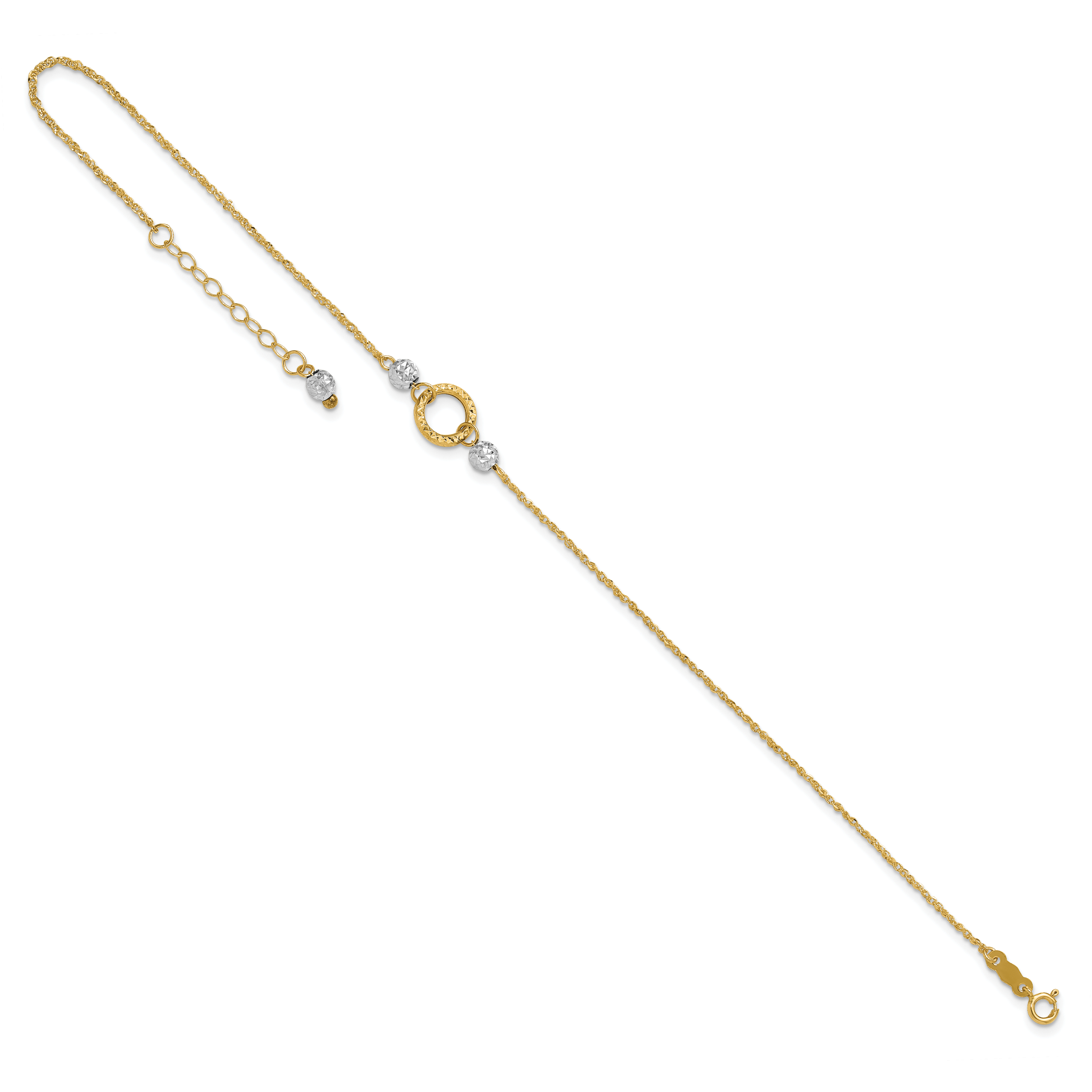 14k Two-tone Circle and Diamond-cut Beads 9 inch Plus 1 inch Bead Dangle Extender - Total 10 inch Anklet ANK228