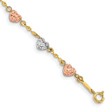 14k Tri-color Diamond-cut Puffed Heart 7 inch Bracelet SF1832