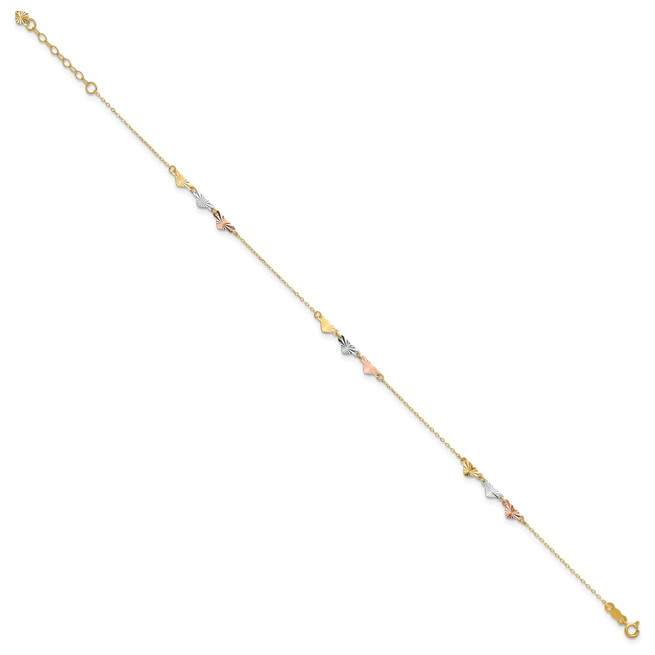 14K Tri-Color Diamond-cut Hearts 9 inch Plus 1 inch Extender - Total 10 inch Anklet ANK175