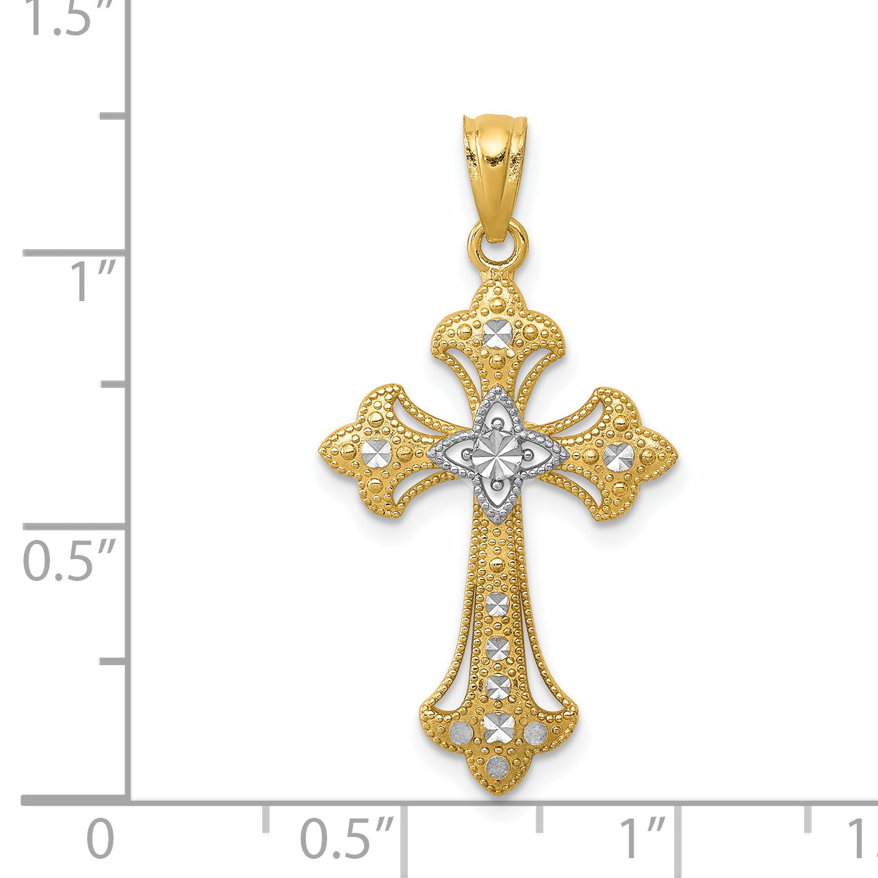 14K and White Rhodium Diamond-Cut Fleur de Lis Cross Pendant C4511