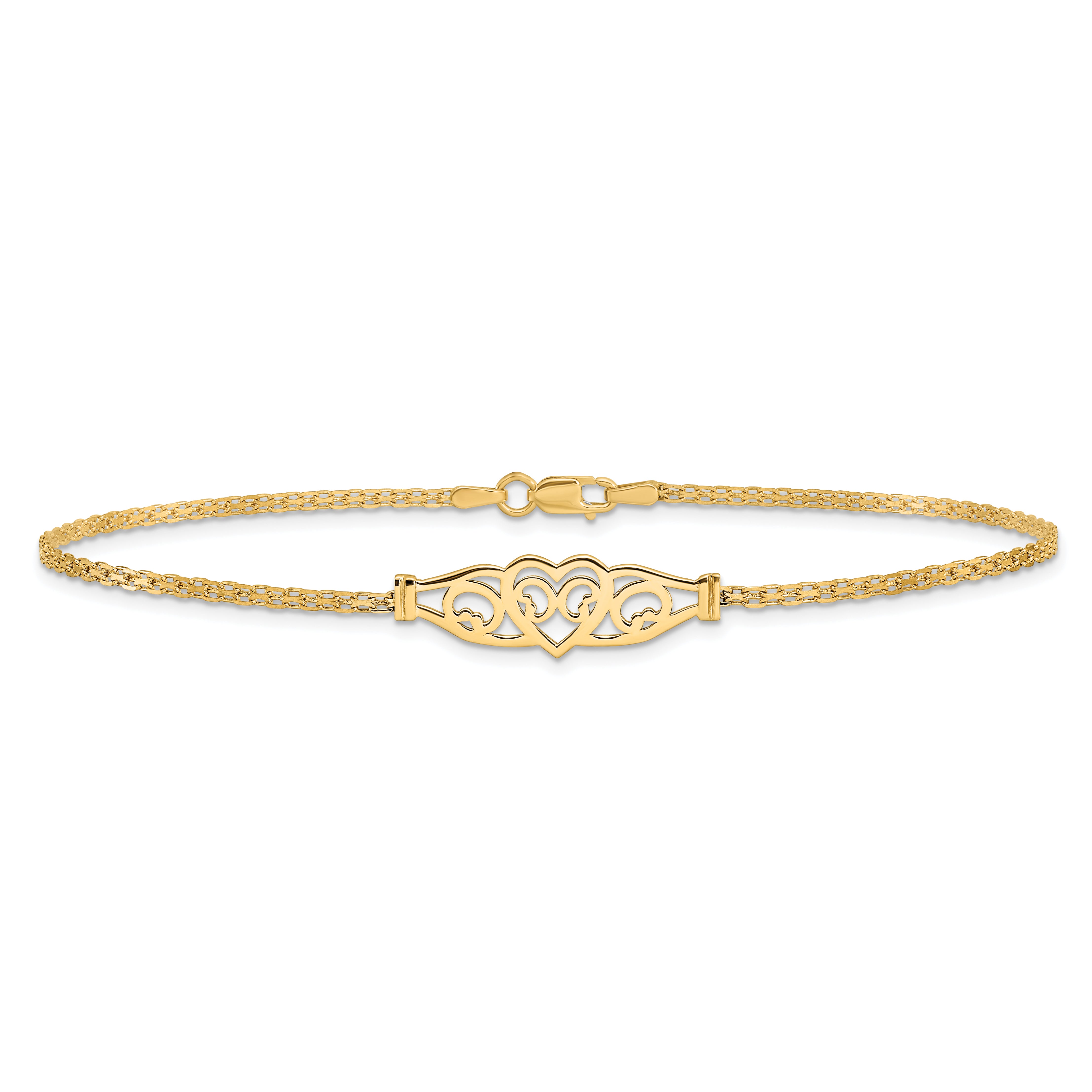 14k Polished Filigree Heart and Bismark Chain 10 inch Anklet ANK33