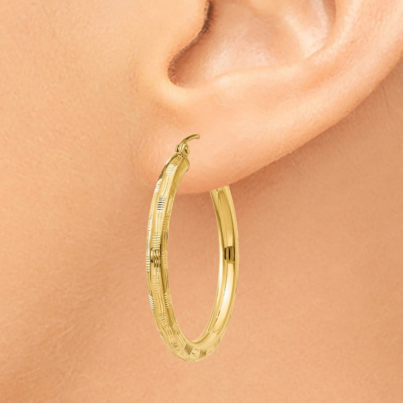 14k 3x30mm Diamond-cut Tube Hoop Earrings TF556