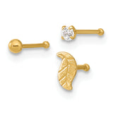 14K 22 Gauge Leaf / 2mm Ball / 2mm CZ  3-piece Nose Stud Set BD146SET