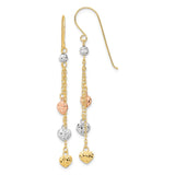 14k Tri-color Diamond-cut Triple Heart and Chain Dangle French Hook Earrings TH979