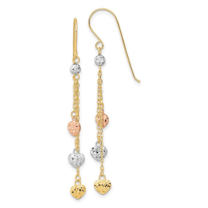 14k Tri-color Diamond-cut Triple Heart and Chain Dangle French Hook Earrings TH979