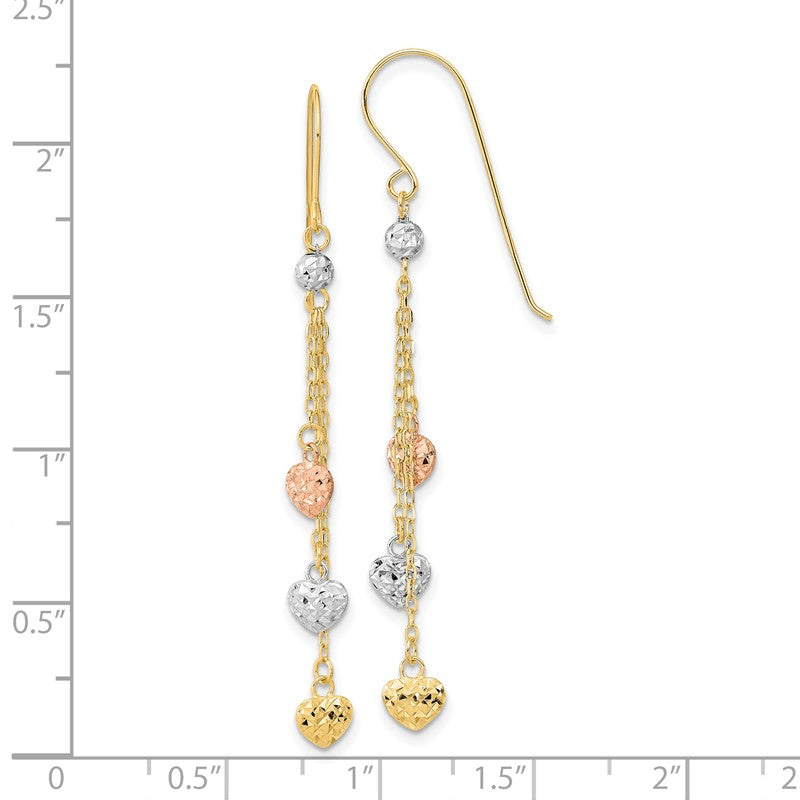 14k Tri-color Diamond-cut Triple Heart and Chain Dangle French Hook Earrings TH979