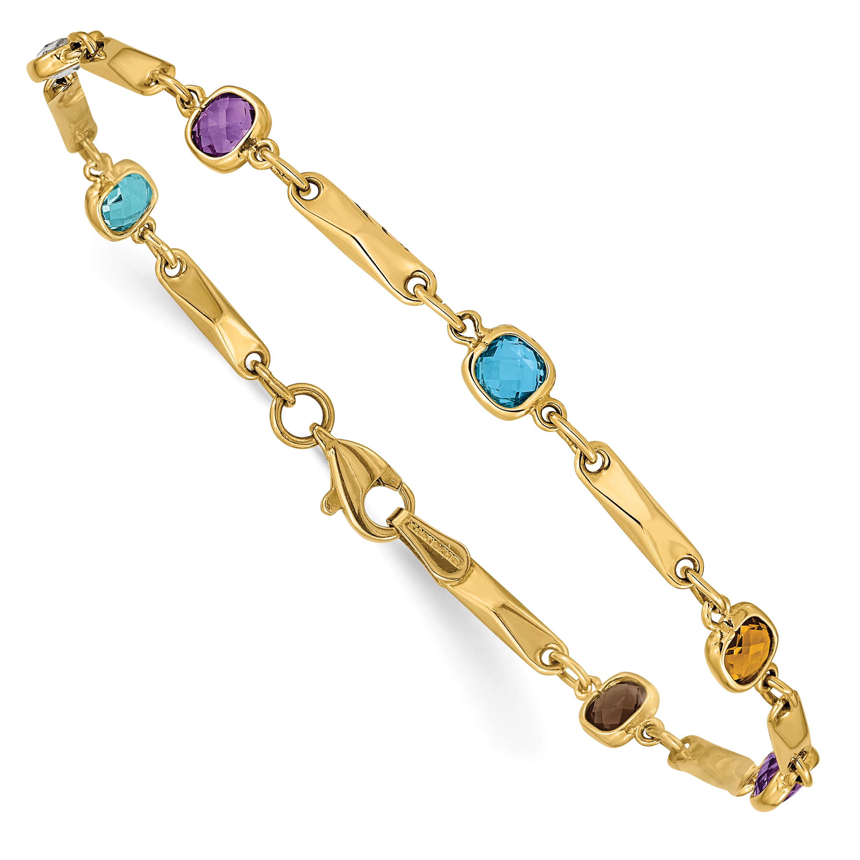 14K Complete Cushion-cut Sky Blue Topaz/White Quartz/Smoky Quartz/Amethyst/Citrine Fancy Link 7 inch Rainbow Bracelet Y12739RB
