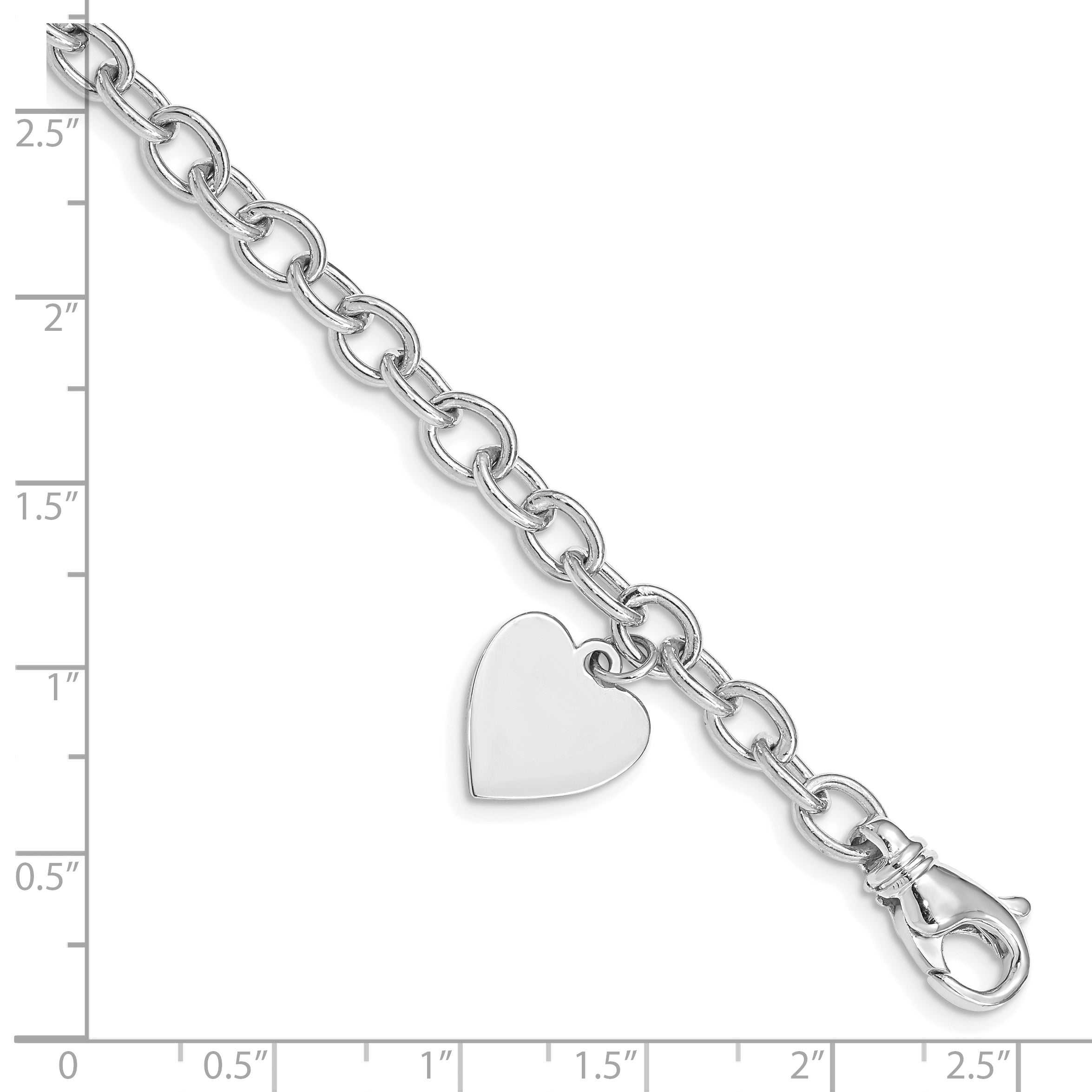 14k White Gold Engravable 19x13mm Solid Dangle Heart Charm and Solid Polished Link 7.5 inch Bracelet WLK312