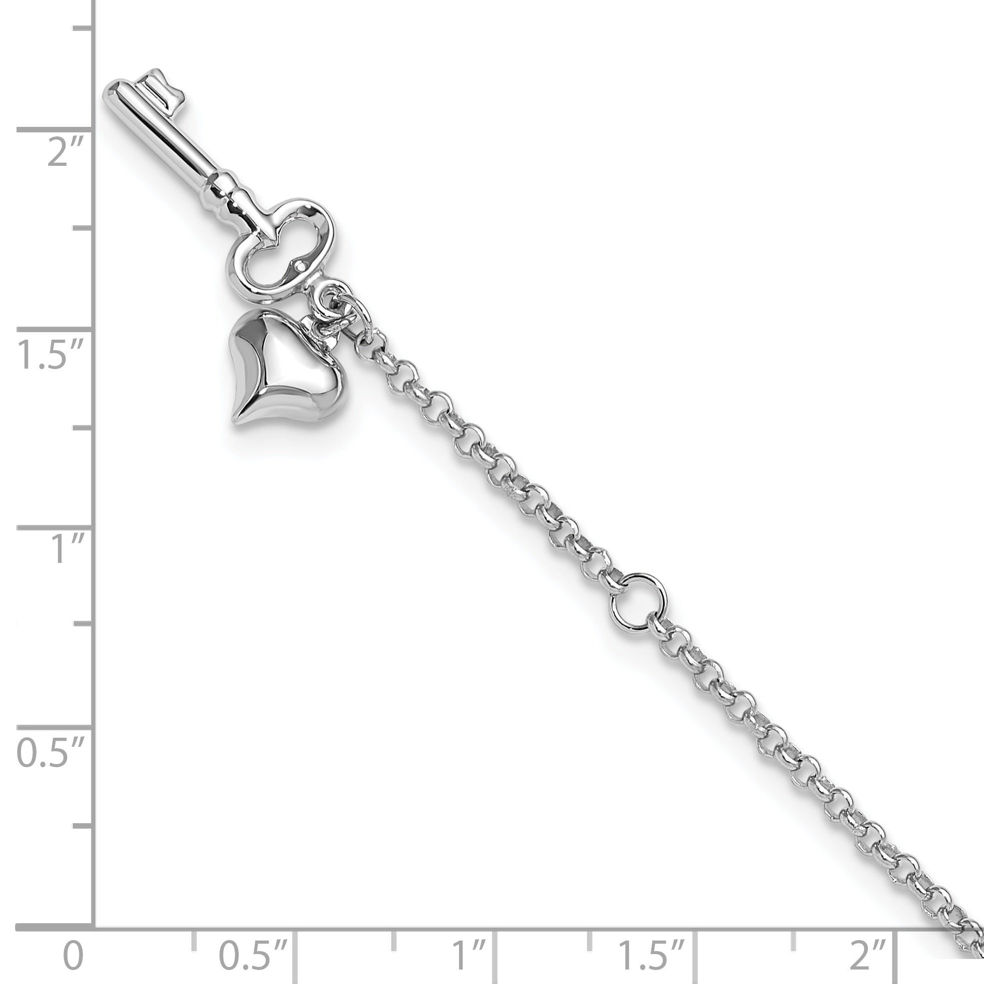14k White Gold Cable Chain with Puffed Heart and Key Dangle 9 inch Plus 1 inch Extender - Total 10 inch Anklet ANK45