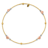 14k Tri-color Diamond-cut Hearts and Beads Slip-on Round Bangle Bracelet DB679