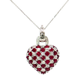 18K White Gold Puffed Heart Ruby & Diamond Pendant | 18" Cable Link