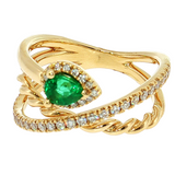 18K Gold 3-Strand Ring with Pear Emerald & Round Diamonds