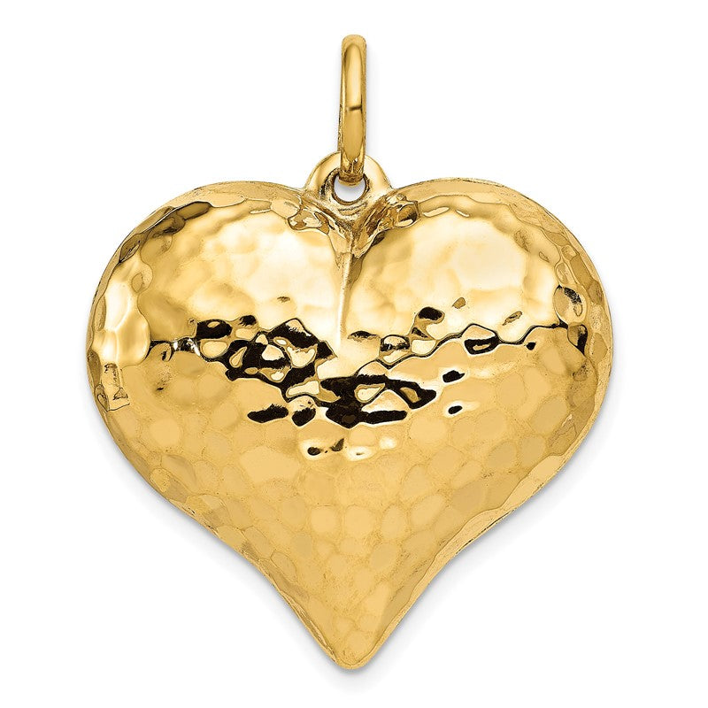 14K Polished and Hammered 3-D Puffed Heart Pendant D1046