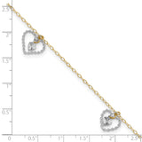 14K Two-tone Twisted Diamond-cut 3 Heart Dangles 9 inch Plus 1 inch Extender - Total 10 inch Anklet ANK258