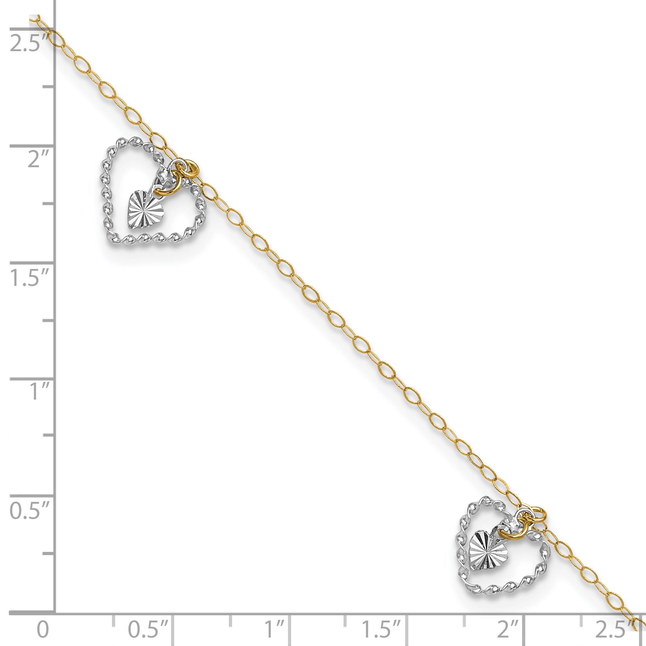 14K Two-tone Twisted Diamond-cut 3 Heart Dangles 9 inch Plus 1 inch Extender - Total 10 inch Anklet ANK258