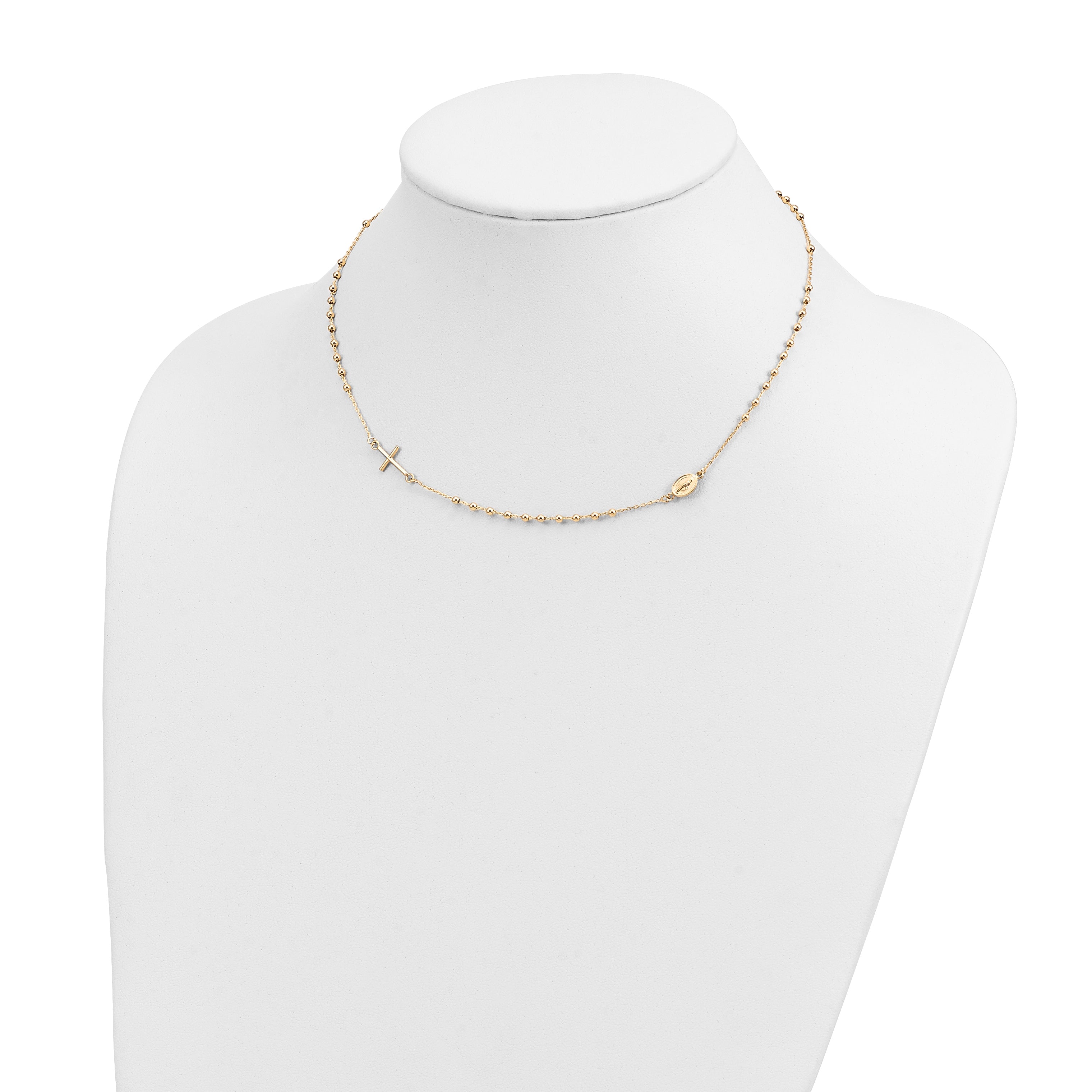 14k Polished Cross and Miraculous Medal Beaded Rosary Design 16 inch Necklace SF2504