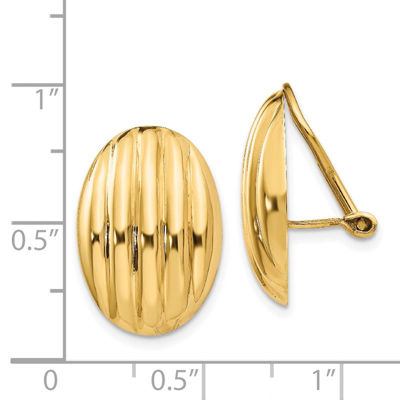 14k 14x19mm Oval Polished Fancy Ribbed Omega Back Non-pierced Earrings H633