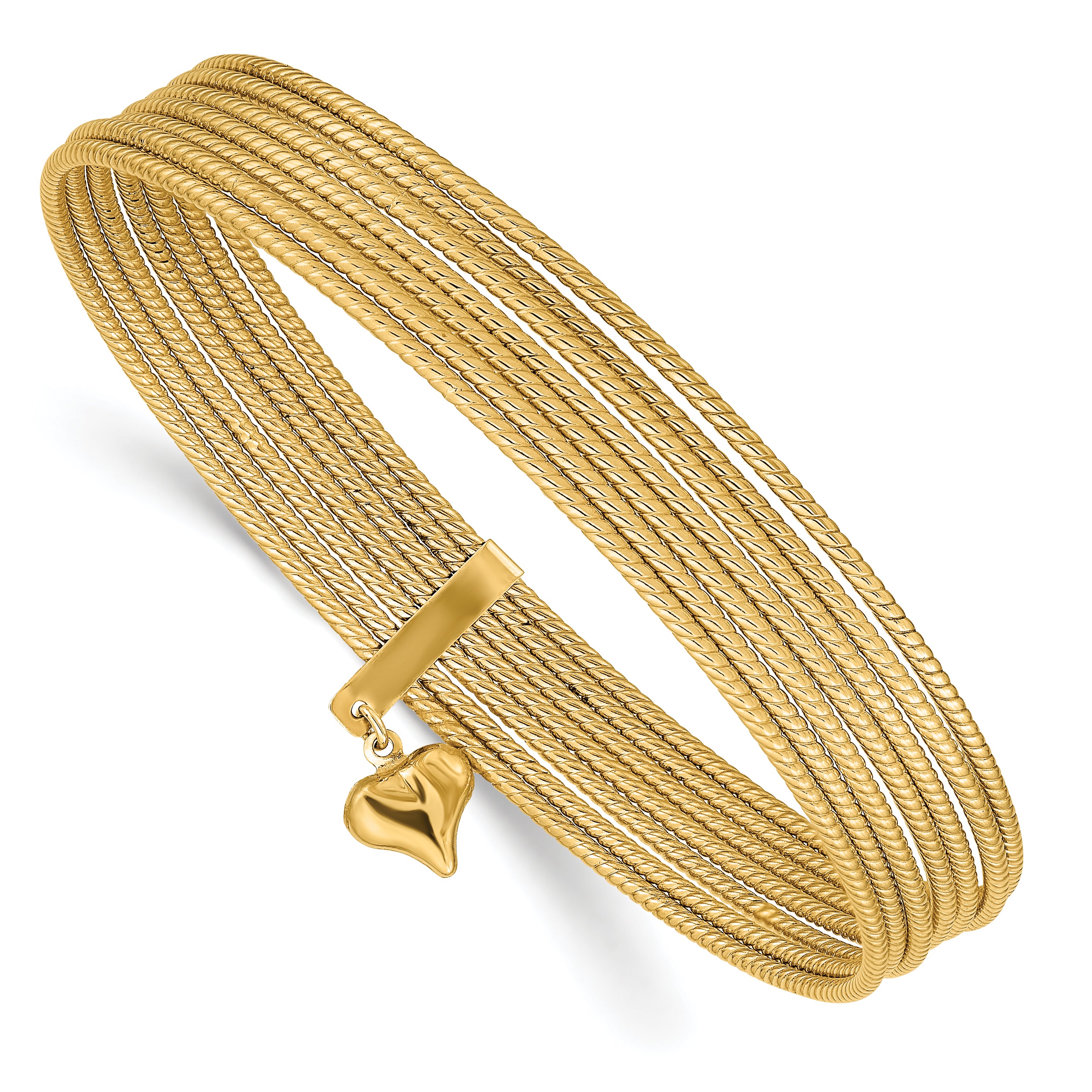 14K Polished and Textured with Dangle Heart 7-Strand 11.00mm Slip-on Round Bangle Bracelet DB531