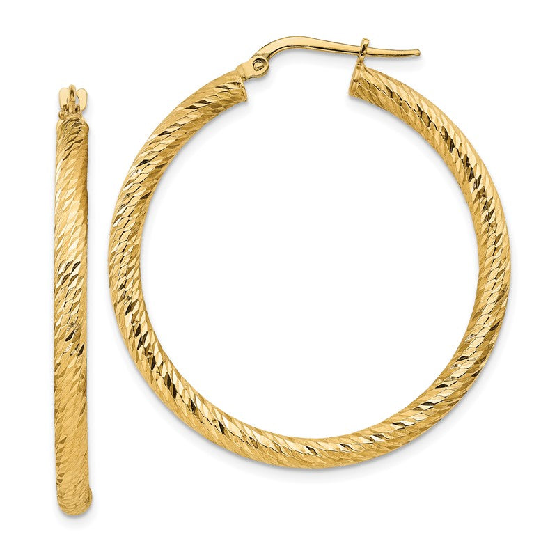 14k 3x37mm Polished Diamond-cut Round Tube Hoop Earrings TF1343